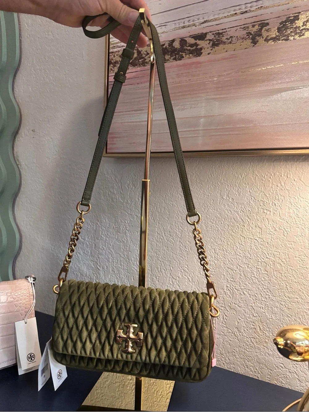 Tory Burch Olive Green Quilted Velvet Shoulder Bag with Gold Logo